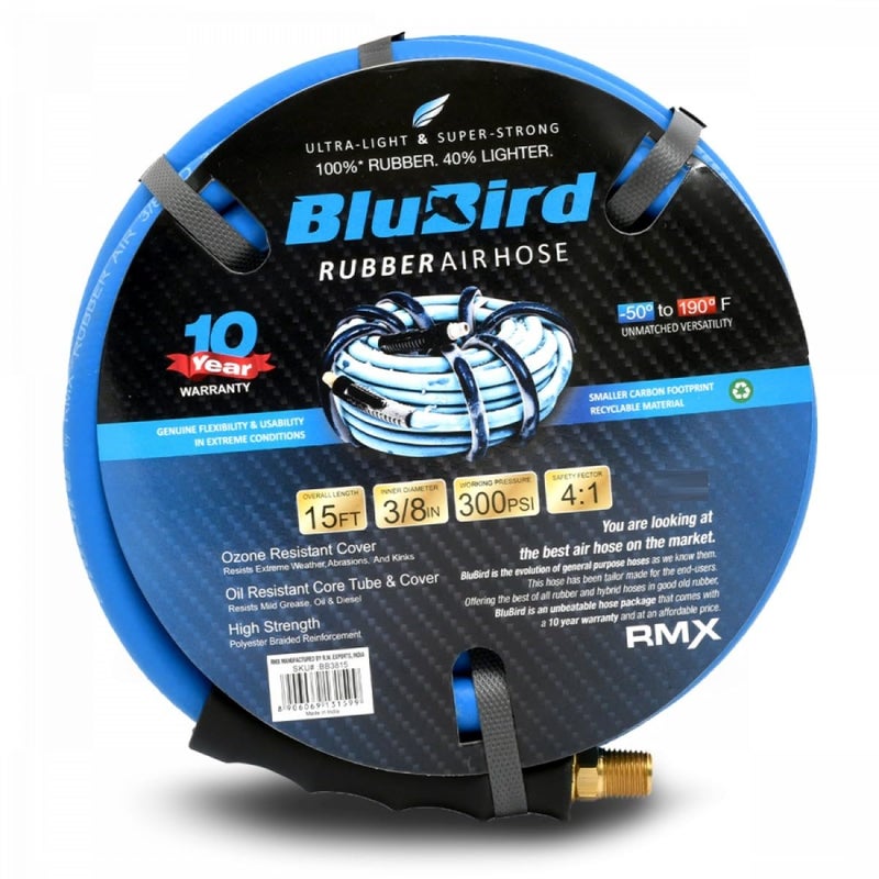 BLUBIRD BB3815 3/8" x 15' Rubber Air Hose, 100% Rubber, Lightest, Strongest, Most Flexible, 300 PSI, 50F to 190F Degrees, Ozone Resistant, High Strength Polyester Braided - Image 1